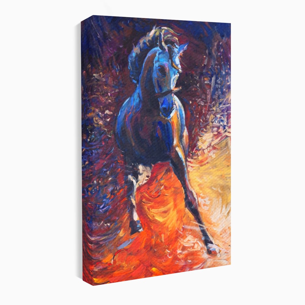Tablou canvas cu tablou canvas cu un cal albastru in alergare, fara rama, pe sasiu de lemn